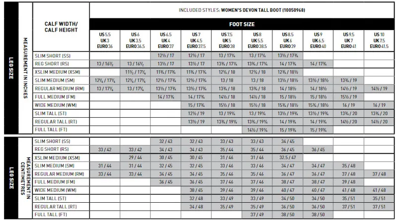 Devon Tall Boots Size Guide