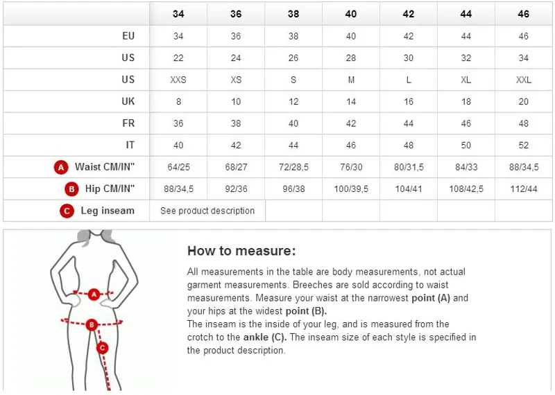 Horze Breeches Size Chart