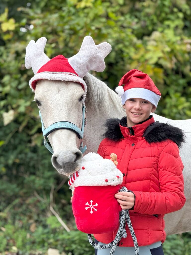 Digital creator Phoebe dressed up in Christmas accessories, along with one of her ponies.