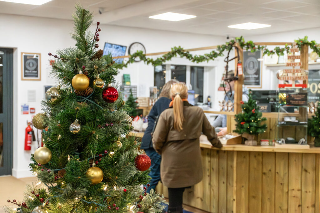 Redpost Equestrian till point with Christmas decorations, ready to welcome customers for the next festive event.