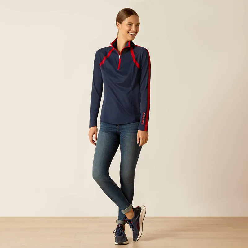 Ariat Sunstopper 3.0 Ladies Base Layer Top - Navy/Red-3
