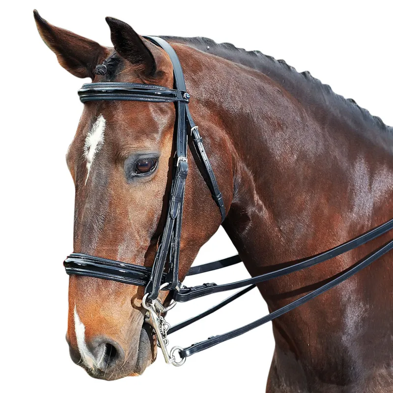 Collegiate Raised Weymouth Patent Double Bridle with Reins Blac