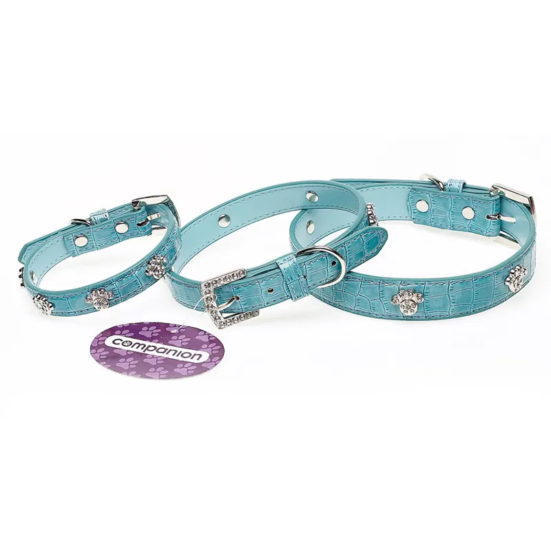 Companion Diamante Paw Print Dog Collar Blue