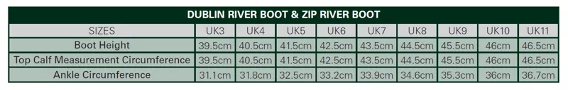 dublin river boots iii size chart