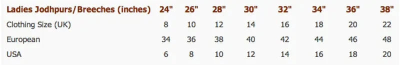 Equetech Ladies Jodhpurs/Breeches Size Chart