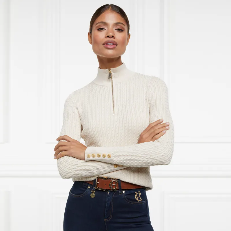 Holland Cooper Ava Half Zip Cable Knit Ladies Jumper - Almond-1