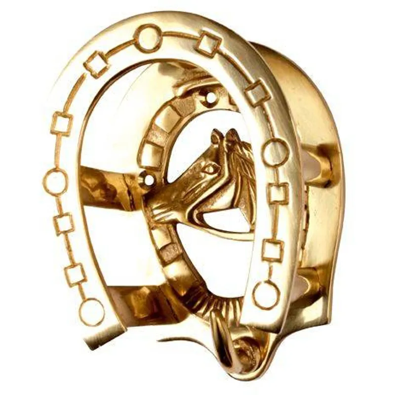HKM Horsehead and Horseshoe Bridle Hook - Brass
