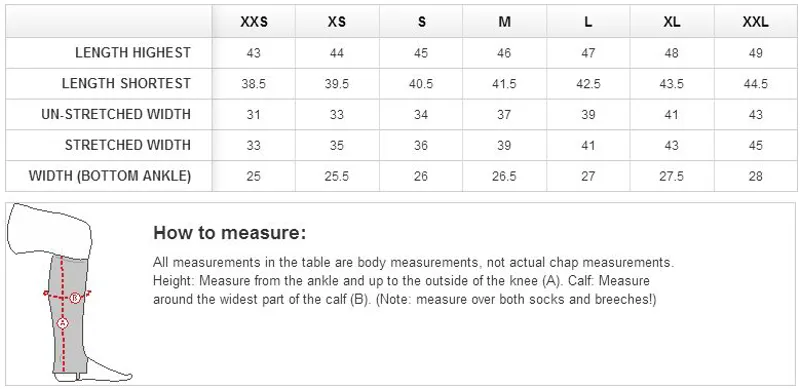 Horze Chaps and Gaiters Size Chart