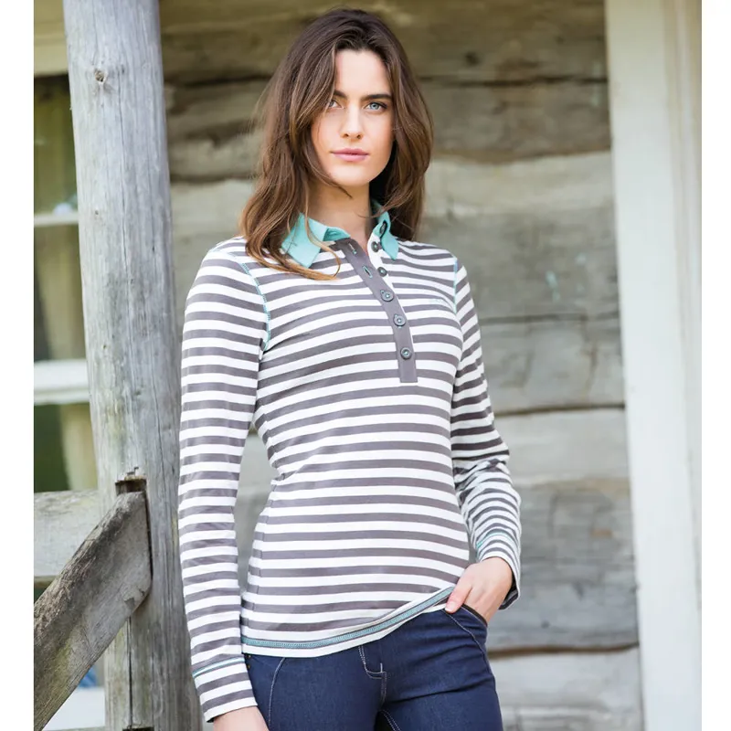 Horseware Cara Ladies Long Sleeve Polo Top - Brown Stripe