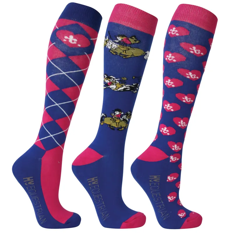 Hy Equestrian Thelwell Adult Socks 3 Pack - Race/Blue/Magenta