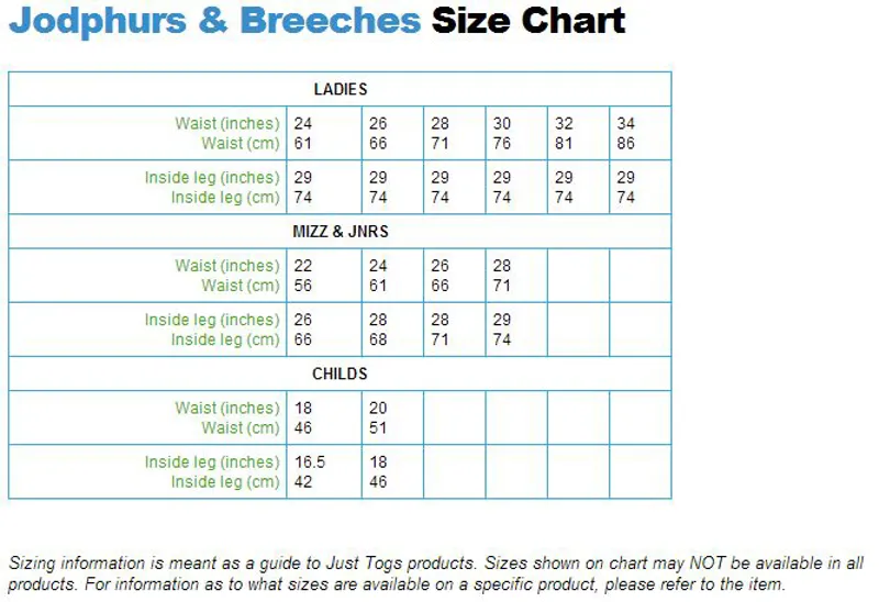 Ladies Breeches Size Chart