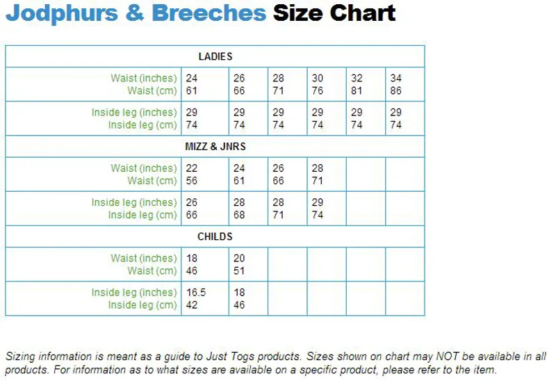 Jodhpur Size Chart