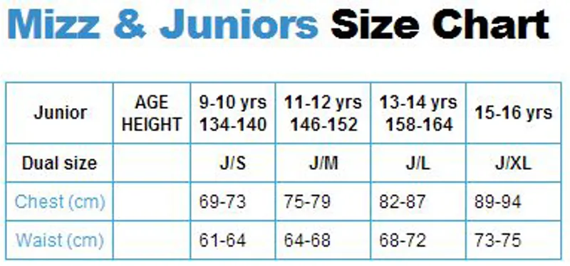 Just Togs Mizz and Junior Size Chart