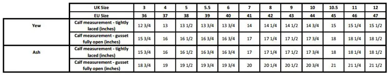 Ash Boots Size Chart