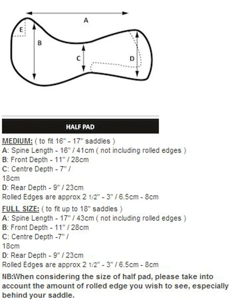 LeMieux Lambskin Half Pad Pro-Sorb Size Guide