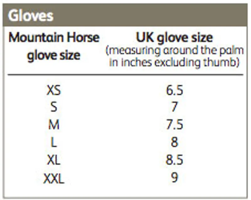 Riding Gloves Size Chart