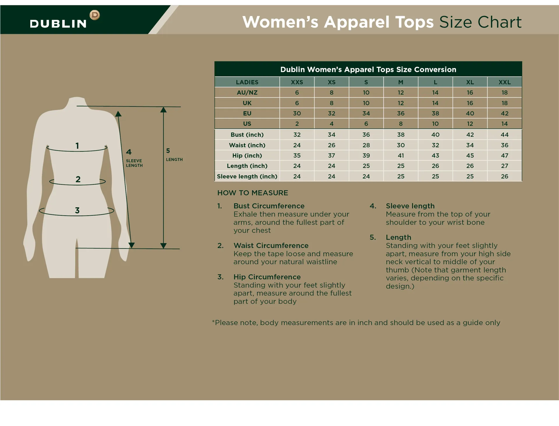 Dublin Ladies Clothing Size Chart