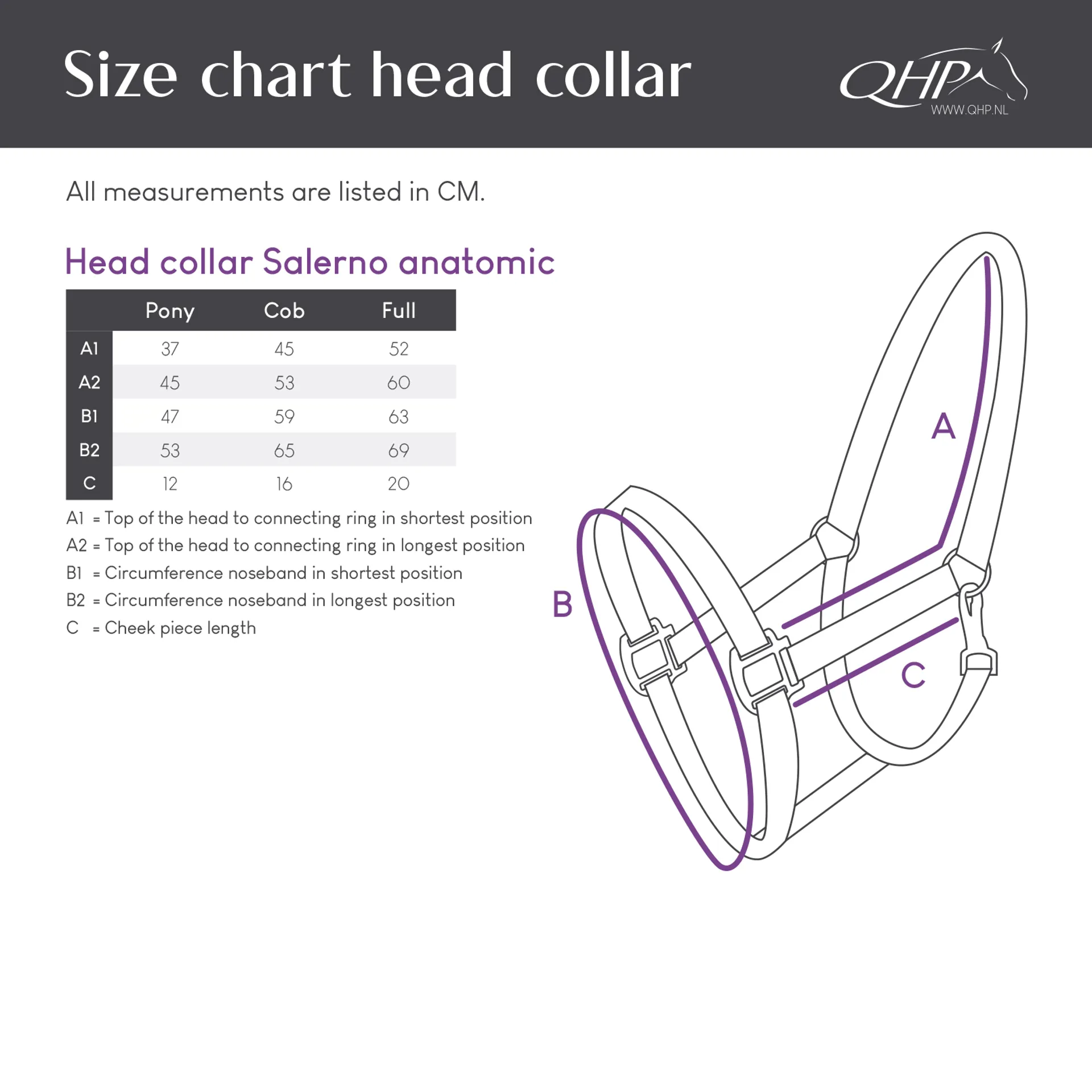 qhp bitless anatomical bridle size guide