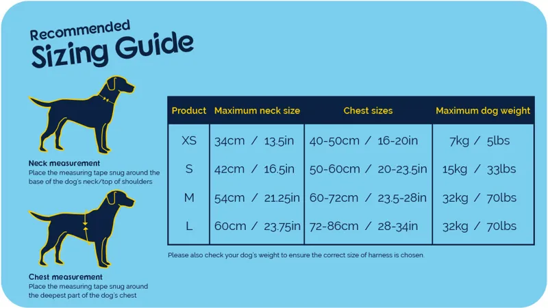 CarSafe Dog Harness Size Chart