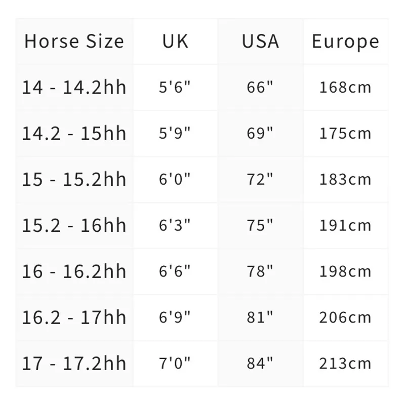 LeMieux Kudos Rug Size Chart