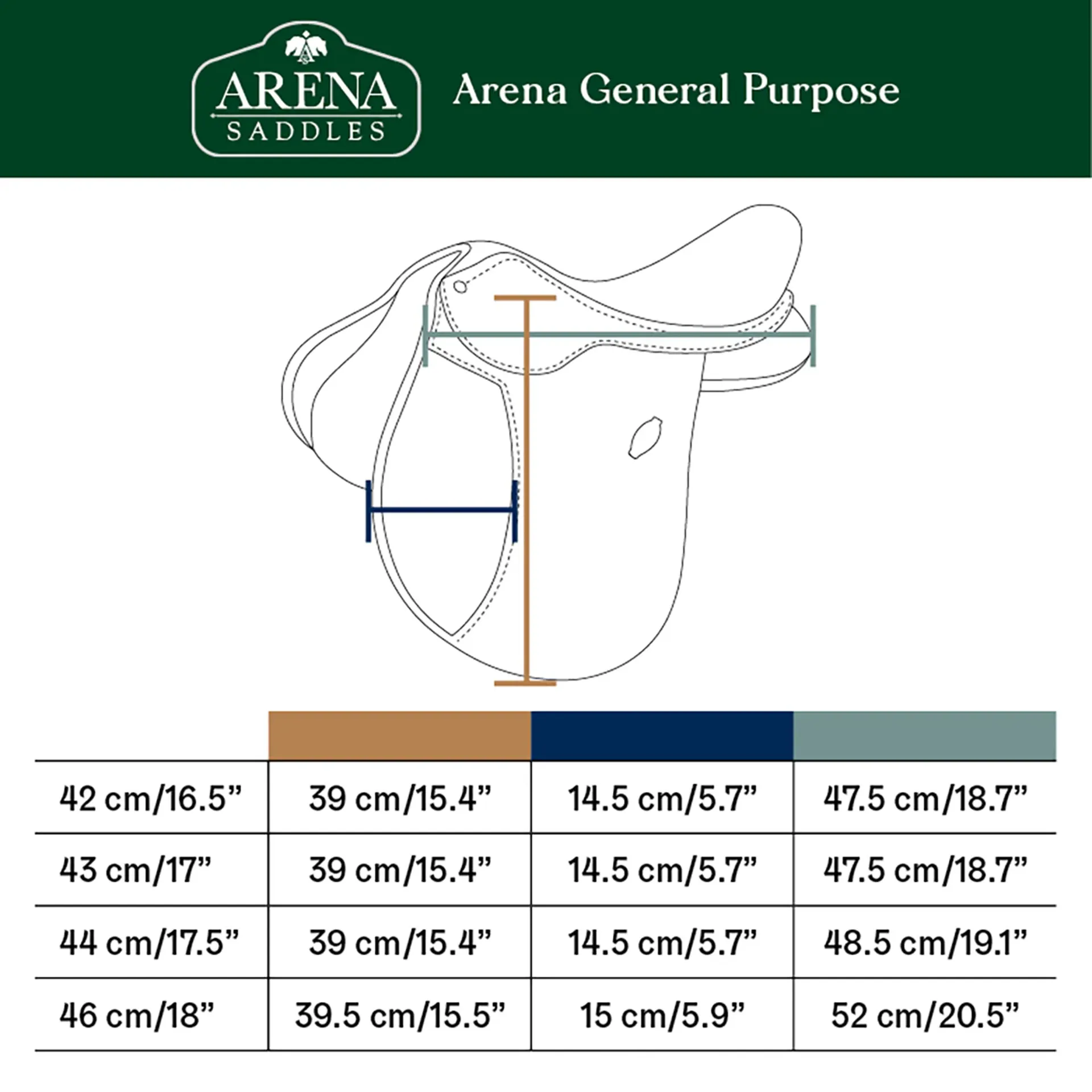 Arena All purpose saddle size guide