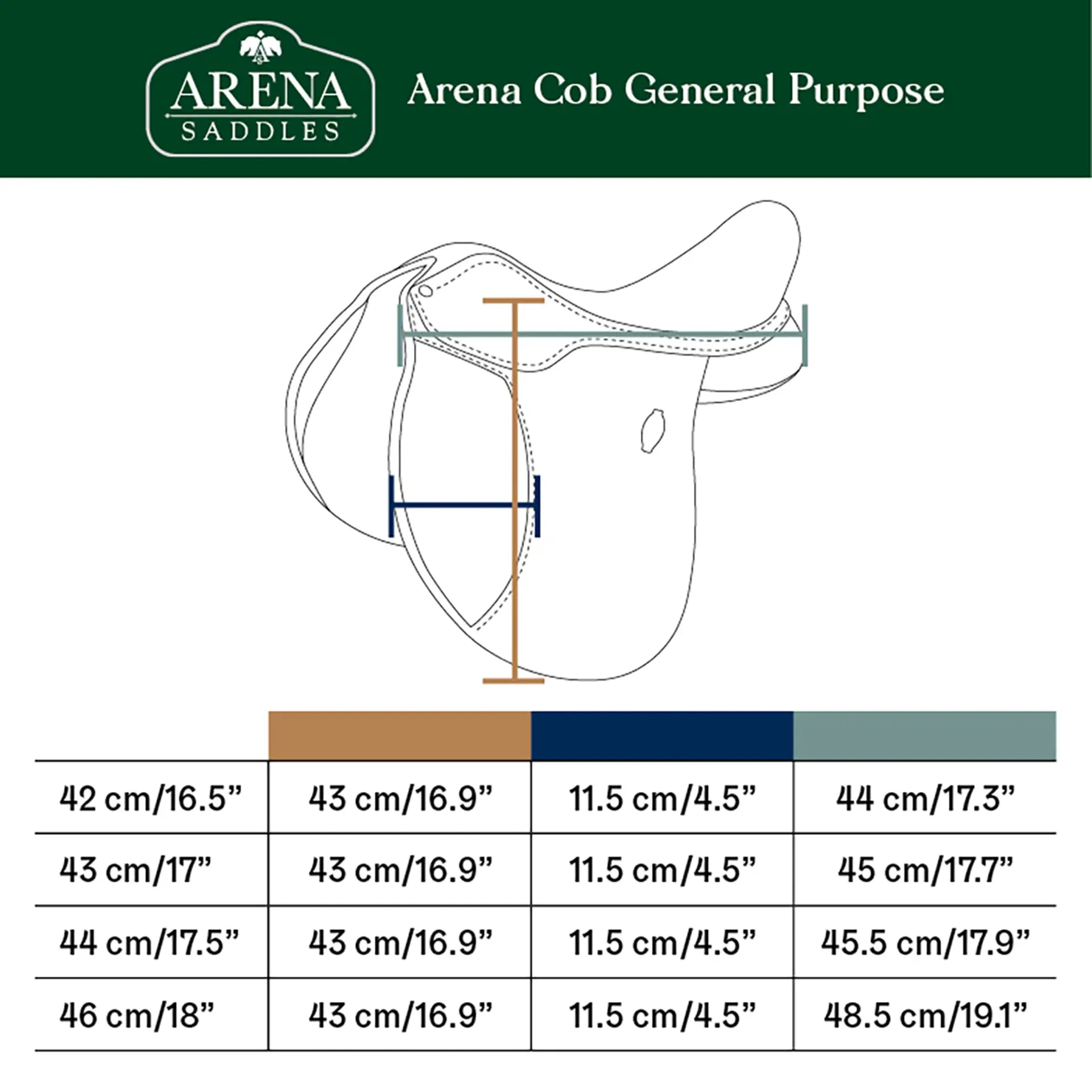 Arena all purpouse saddle size guide