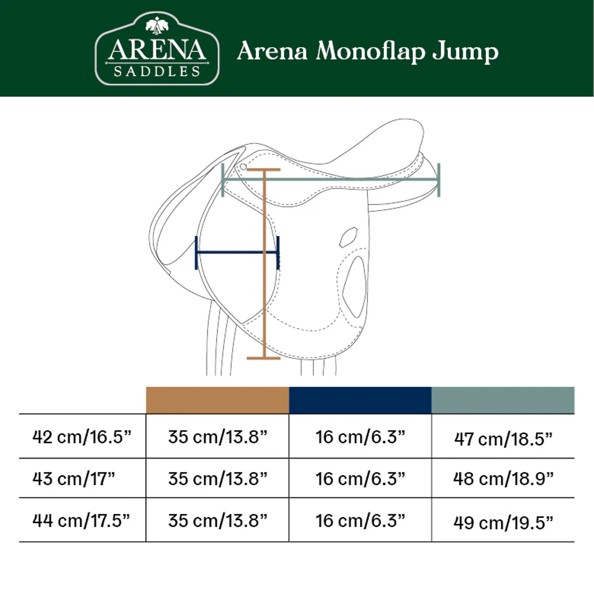 Arena Monoflap jump saddle size guide
