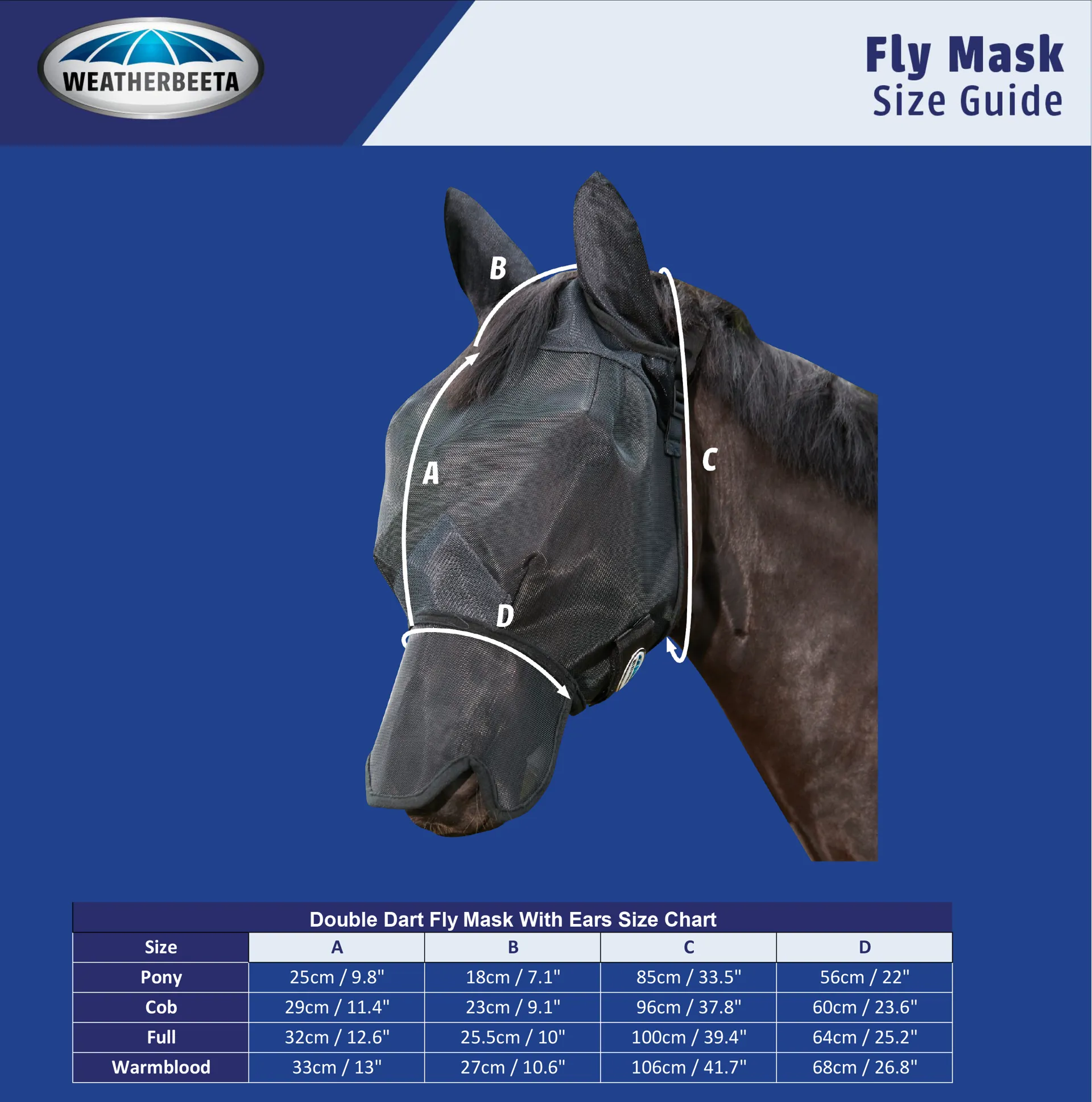 Weatherbeeta double dart fly mask with ear size chart