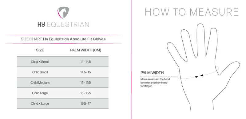 HY Equestrian Absolute Fit Riding Gloves Junior Size Guide