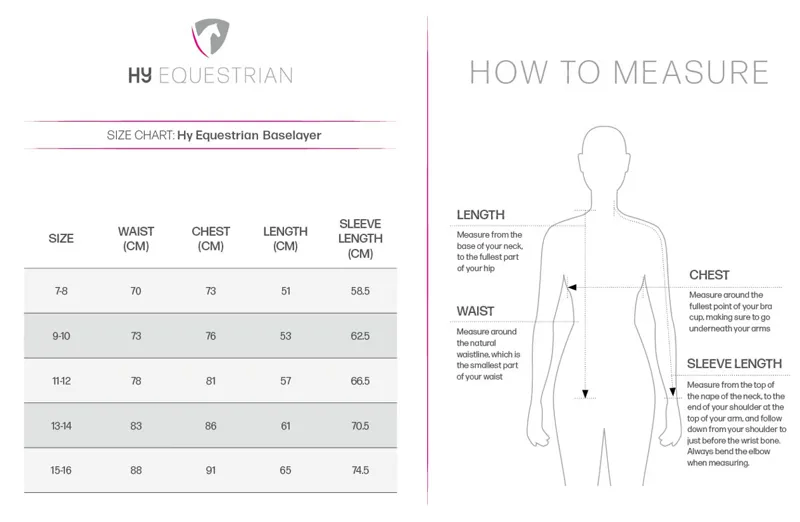 Hy Equestrian Junior Base Layer Size Chart