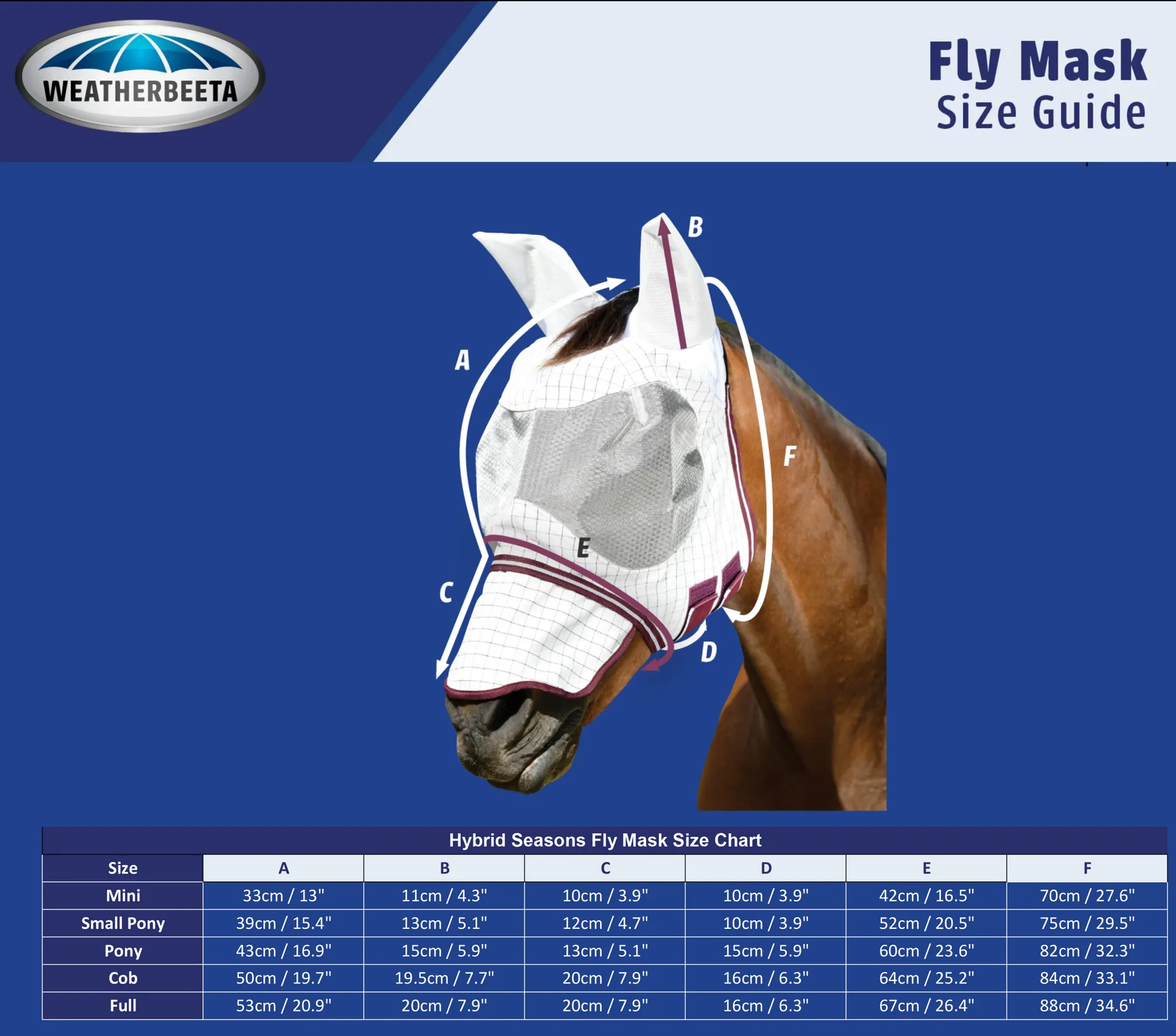 weatherbeeta hybrid seasons fly mask size chart