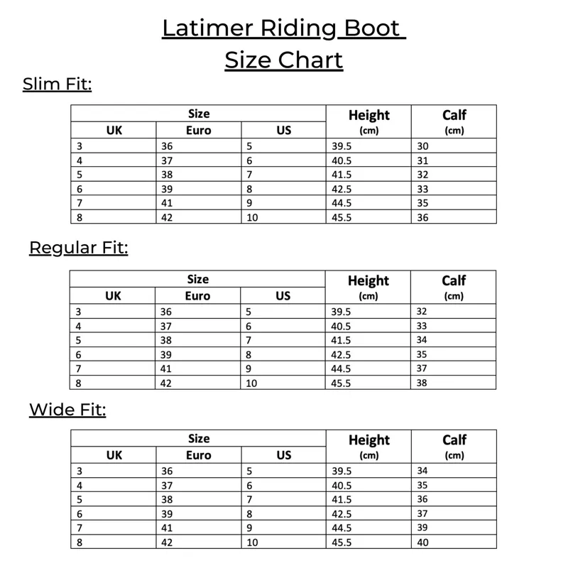 Legacy Latimer Boot Size Guide