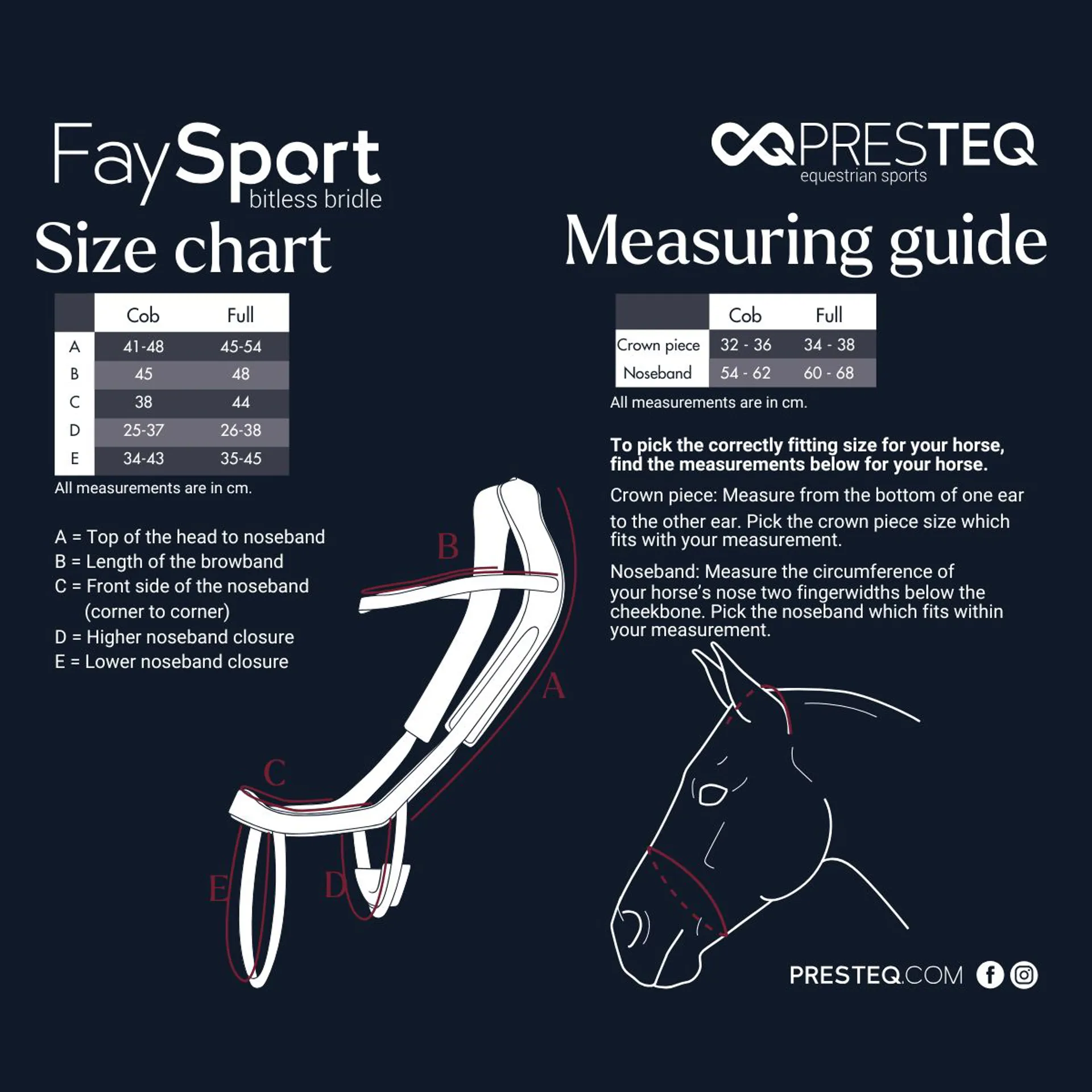 PresTEQ FaySort Bitless Bridle Size Guide