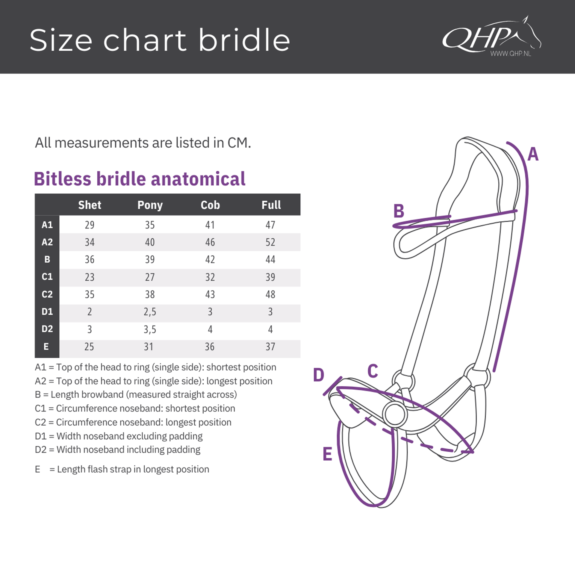 Qhp anatomical bitless bridle size guide