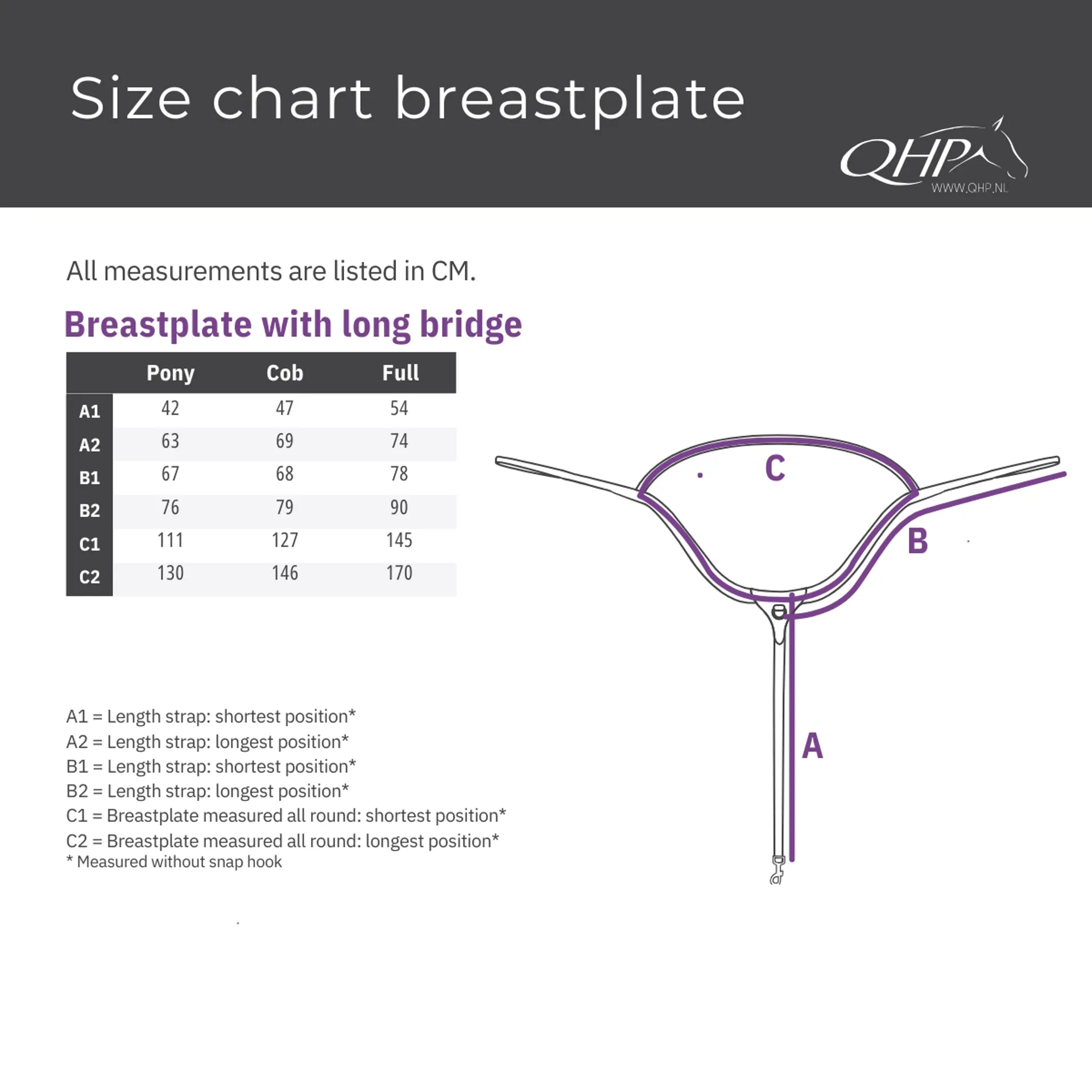 Qhp breastplate with long bridge size guide