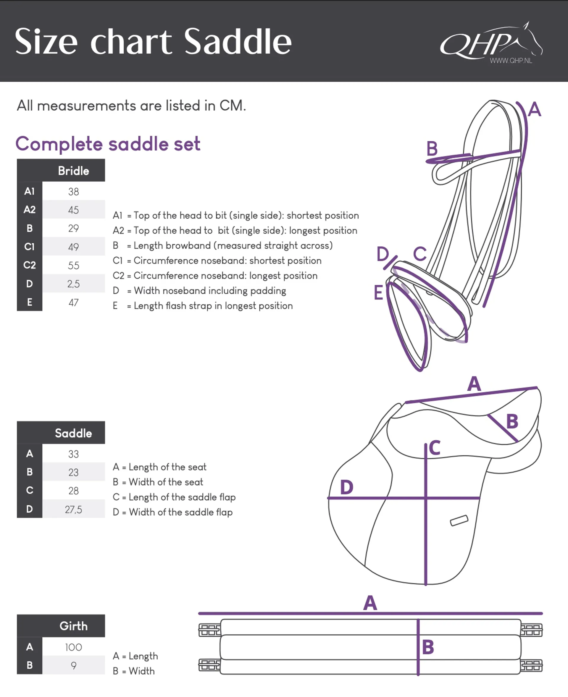 qhp complete bridle and saddle set size guide
