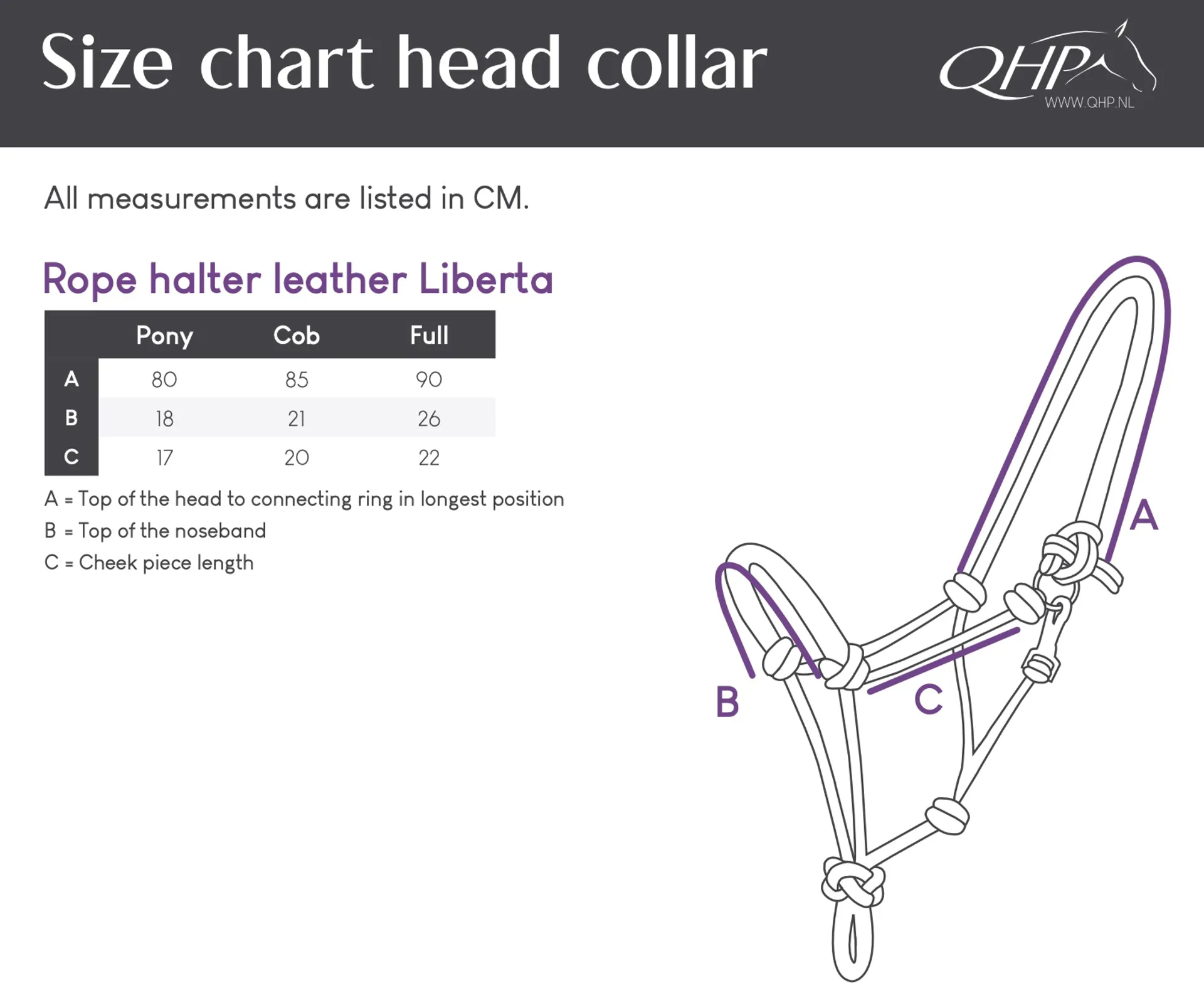 QHP Liberta Leather Rope Headcollar Sizing
