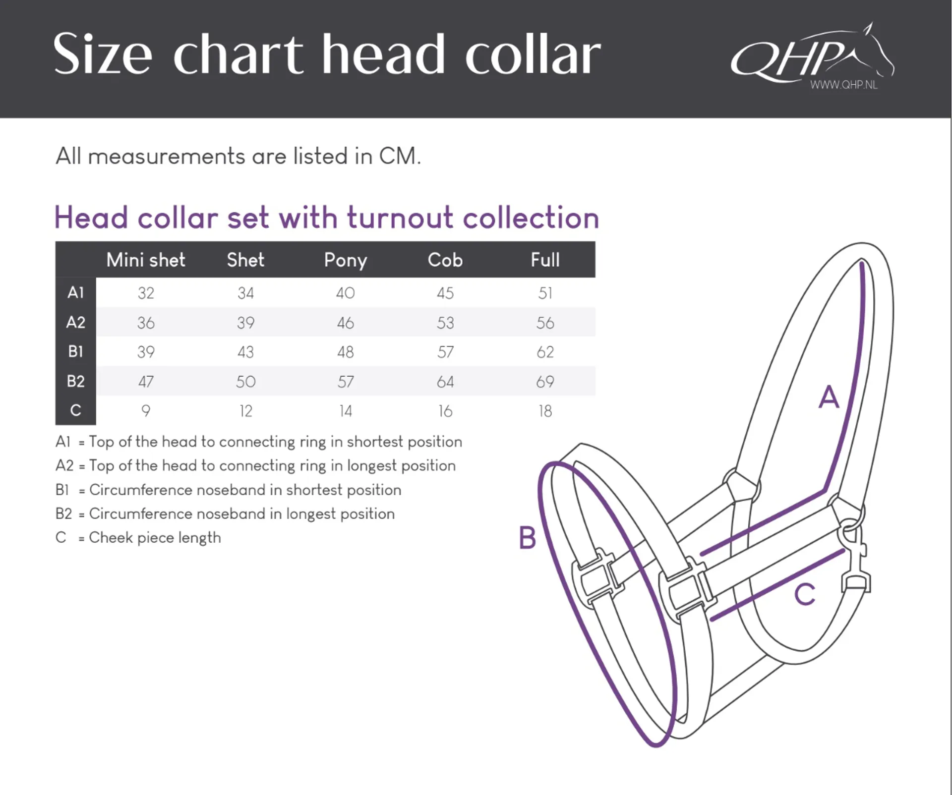 qhp turnout collection headcollar and lead rope set sizing