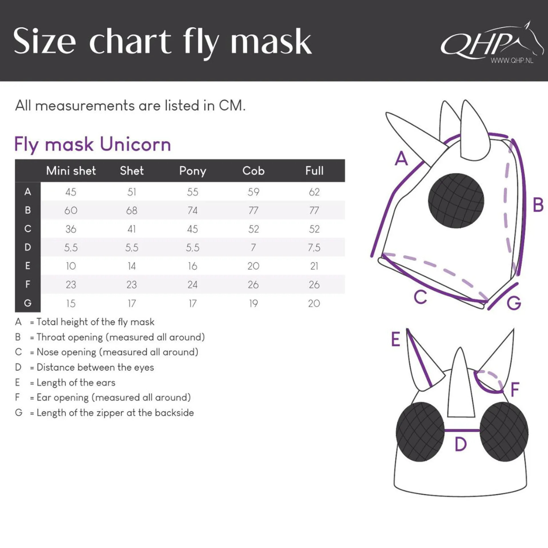 QHP unicorn fly mask size guide