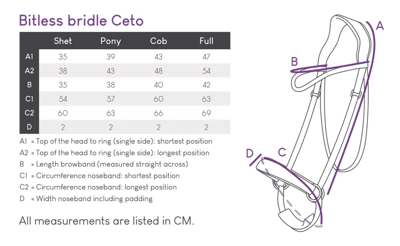 QHP Ceto Bitless Bridle Size Guide
