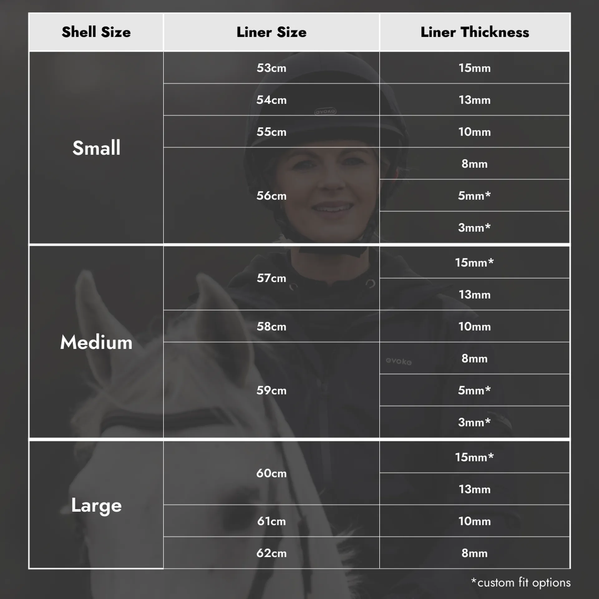 evoke Callisto Liner Size Guide