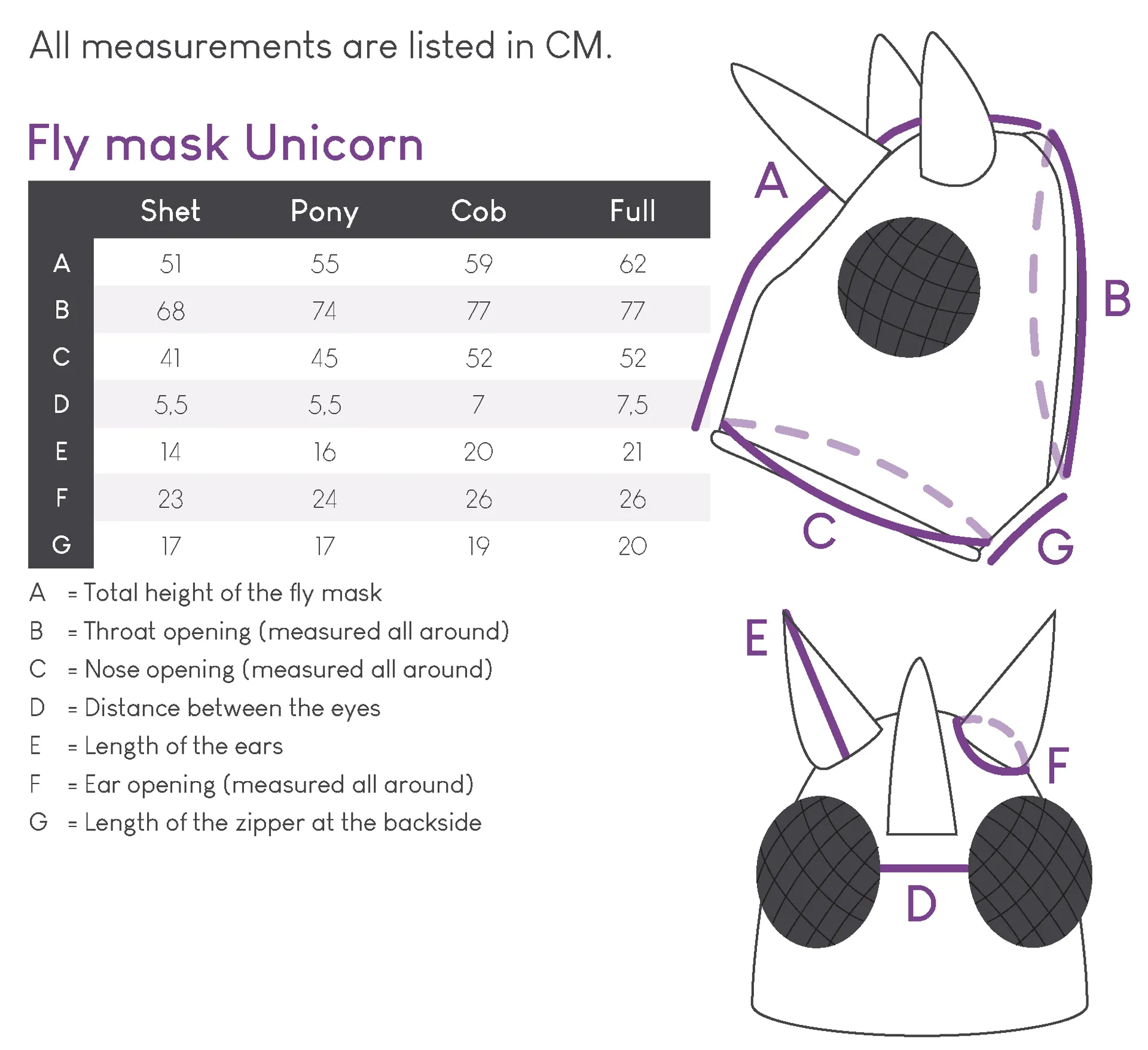 QHP Unicorn Fly Mask Size Guide