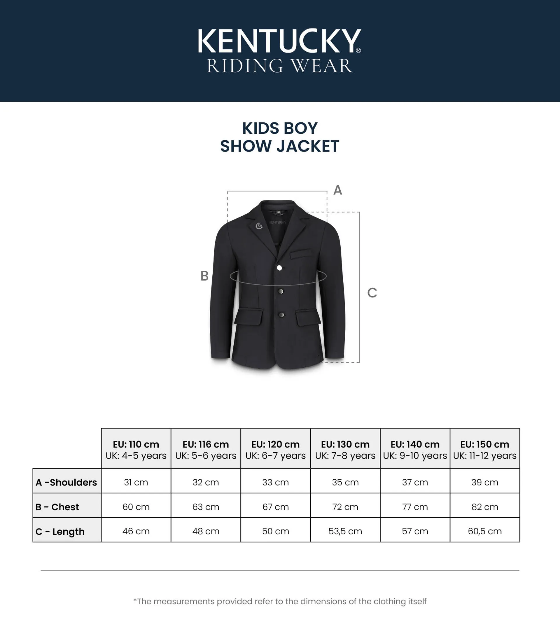 Kentucky Lyon Boys Show Jacket Size Guide