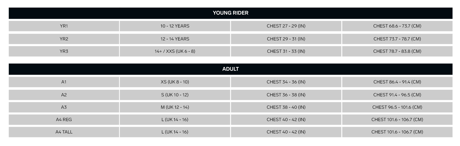 Velo Air SIze Chart
