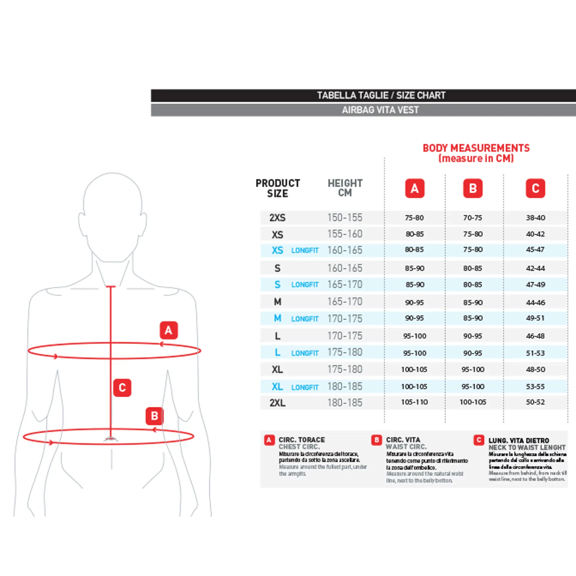 Veredus Vita Vest Size Guide