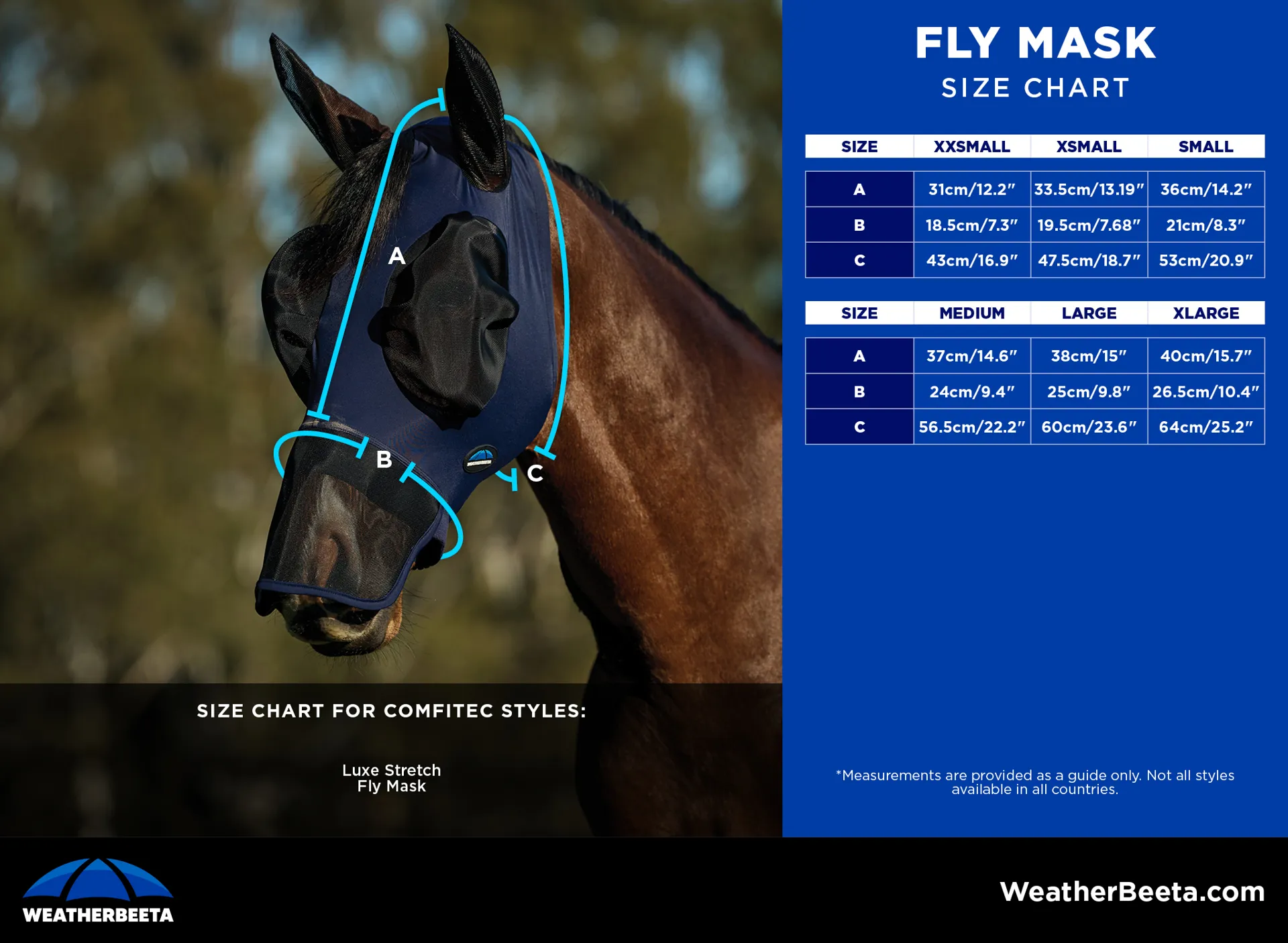 Wb comfitec Luxe size guide fly mask