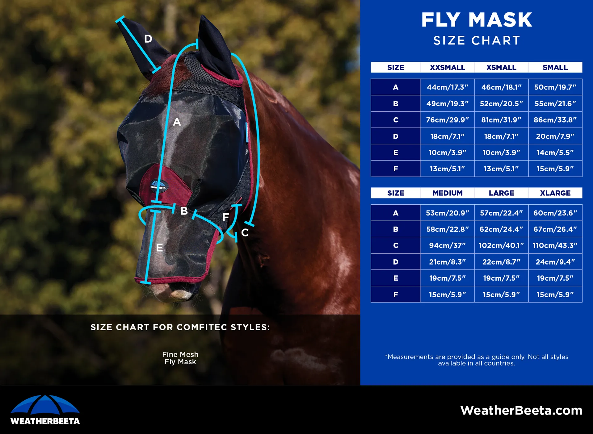 WB fly mask size guide