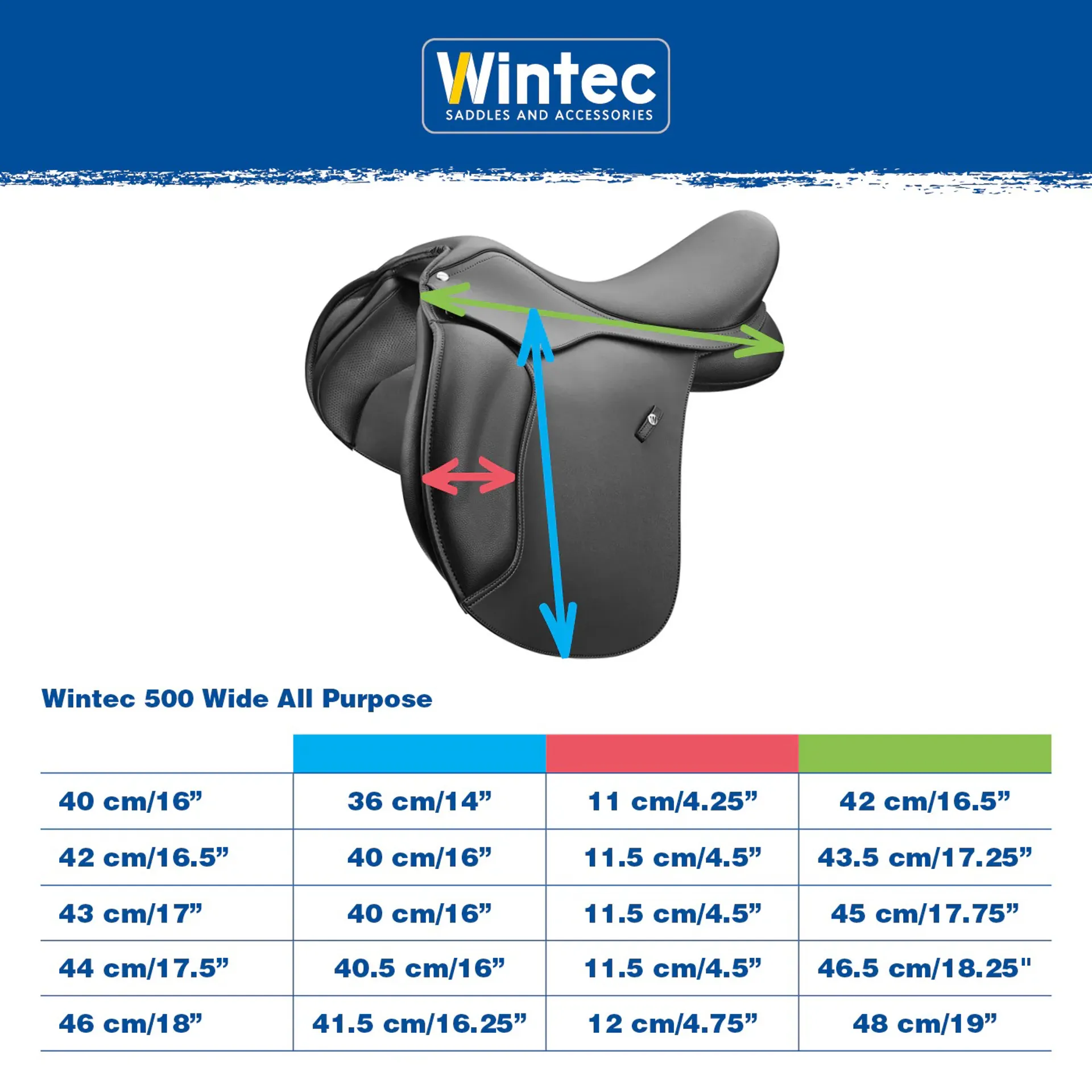 Wintec 500 Wide All Purpose Saddle Sizing
