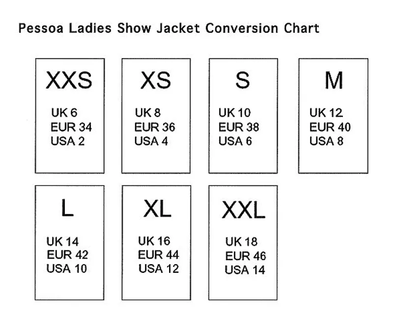 Pessoa Technical Show Jacket Size Chart