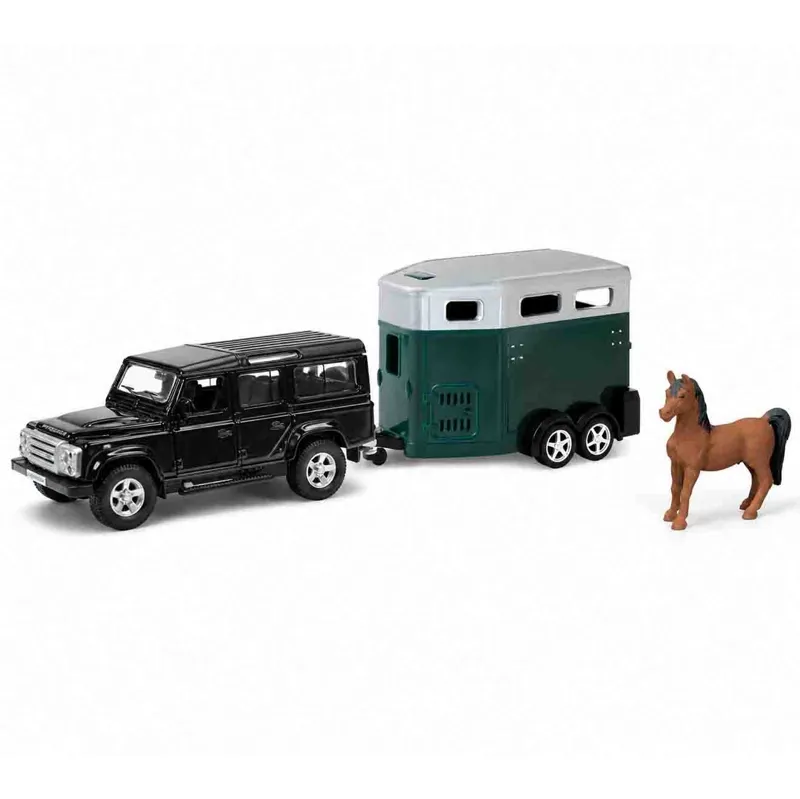 Platinum Land Rover Defender with Horse Box Toy Set - Black/Green